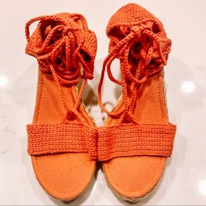 90s Orange Macrame Wedge Espadrille Size 8.5